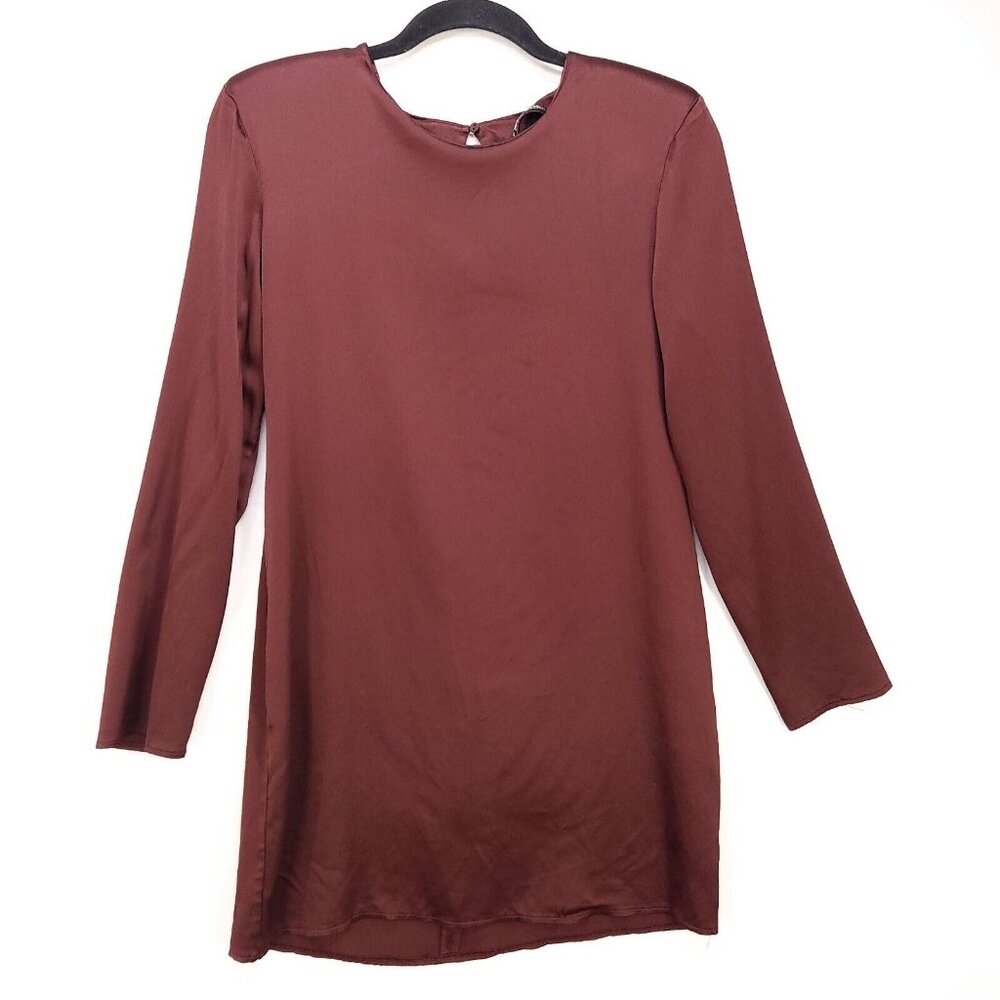 Zara Mini Dress Long Sleeve Maroon Satin Size Large Slip On